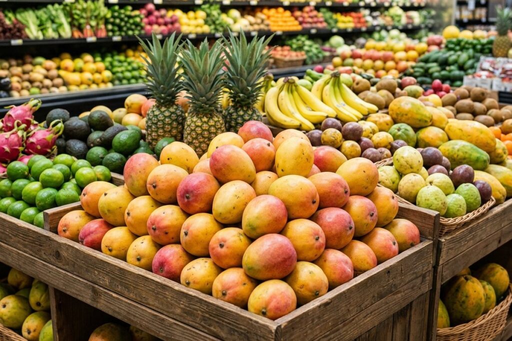 Mangoes in a wooden crate, with pineapples, bananas, papayas and other fruit behind