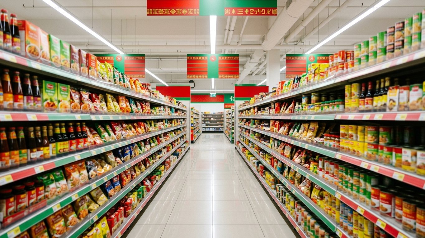 A long grocery aisle stocked with sauces, snack bags and canned goods